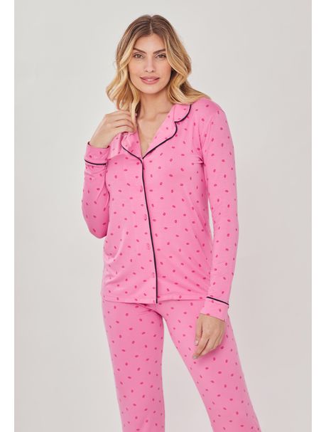 Pijama Feminino Manga Longa Aberto Pink Lips