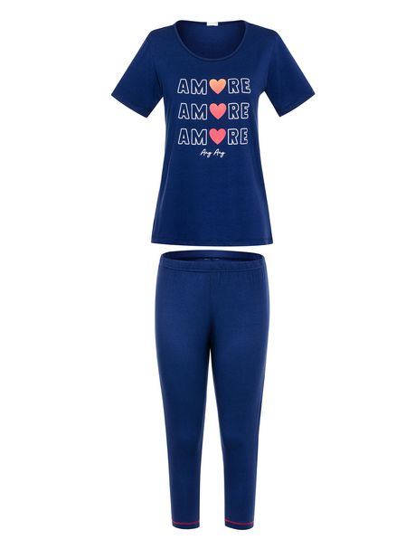 Pijama Feminino Capri Manga Curta Coração Fitas