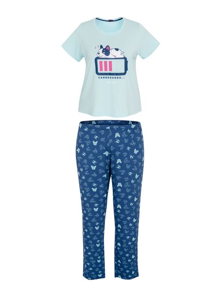 Pijama Feminino Plus Size Manga Curta Bulldog Blue