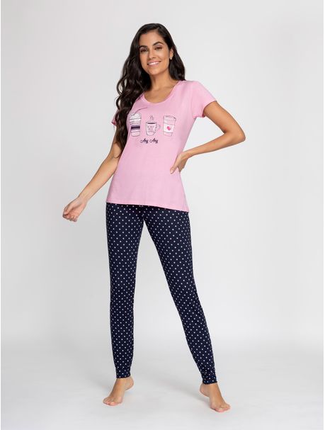 Pijama Feminino Longo Manga Curta Coffee Lovers