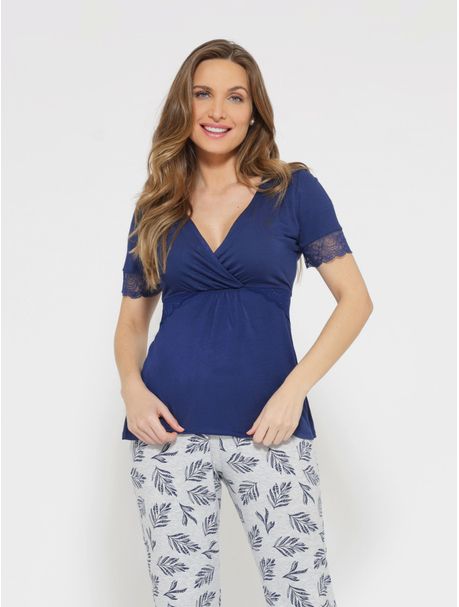 Pijama Feminino Longo Manga Curta Palm