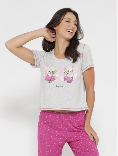 Pijama Feminino Longo Manga Curta Yorkshire