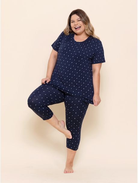Pijama Feminino Plus Size Capri Manga Curta Plumas