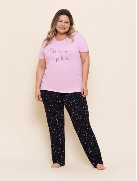 Pijama Feminino Plus Size Manga Curta Pink Wish