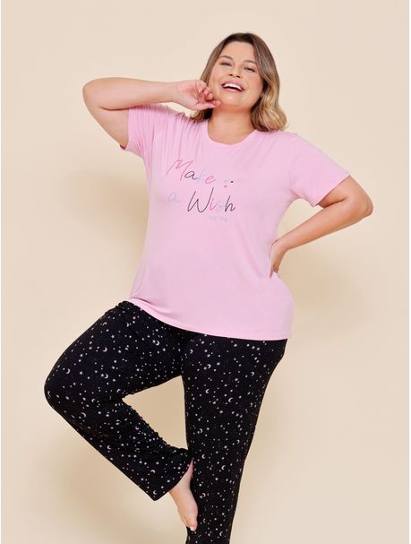 Pijama Feminino Plus Size Manga Curta Pink Wish