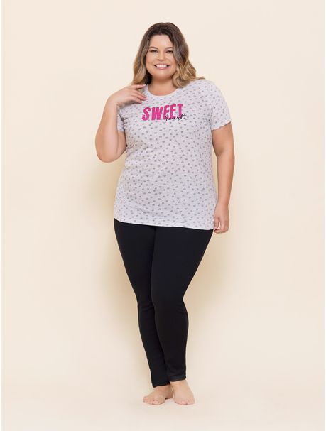 Pijama Feminino Plus Size Manga Curta Grey Heart