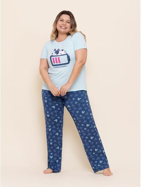 Pijama Feminino Plus Size Manga Curta Bulldog Blue