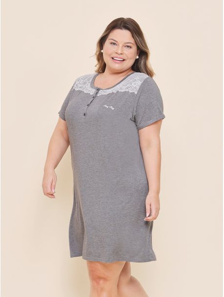 Camisola Plus Size Manga Curta Lace Grey