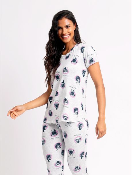 Pijama Feminino Longo Manga Curta Dog Poá