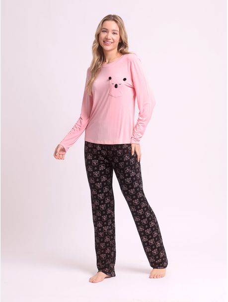 Pijama Feminino Manga Longa Koala Pocket