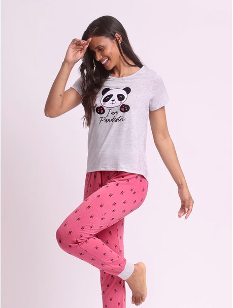 Pijama Feminino Longo Manga Curta Pandastic