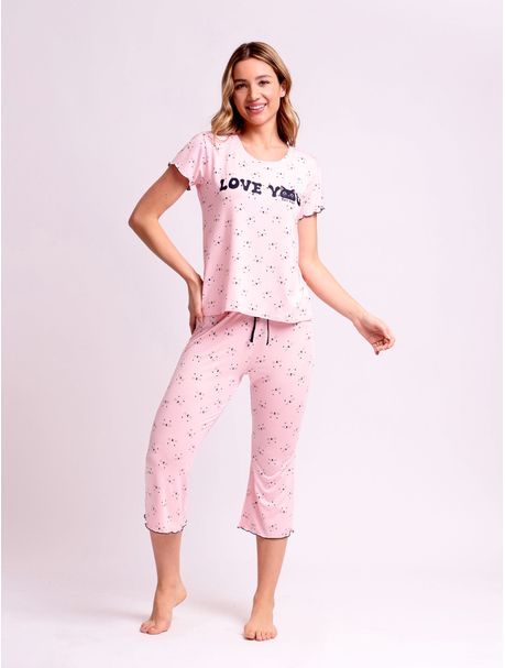 Pijama Feminino Capri Manga Curta Meow