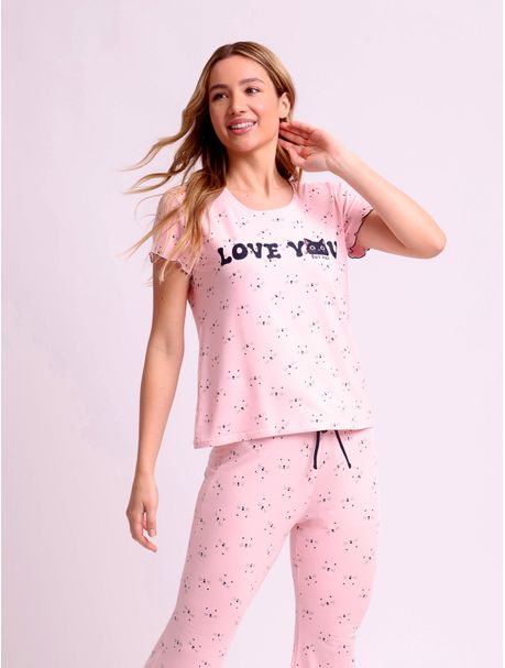 Pijama Feminino Capri Manga Curta Meow
