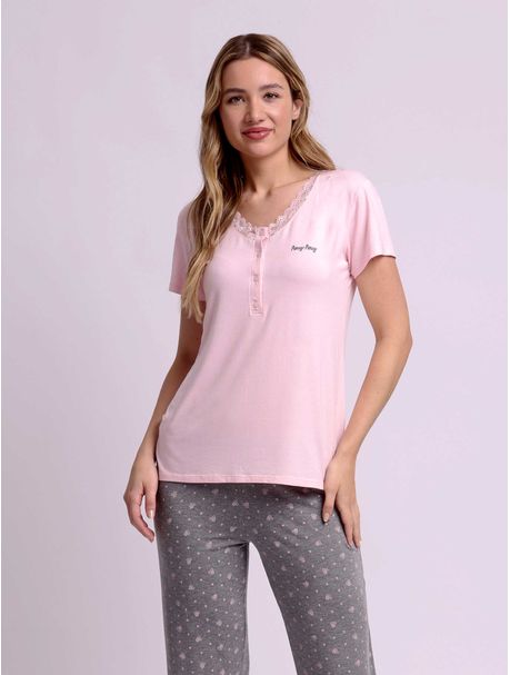 Pijama Feminino Longo Manga Curta Eloise