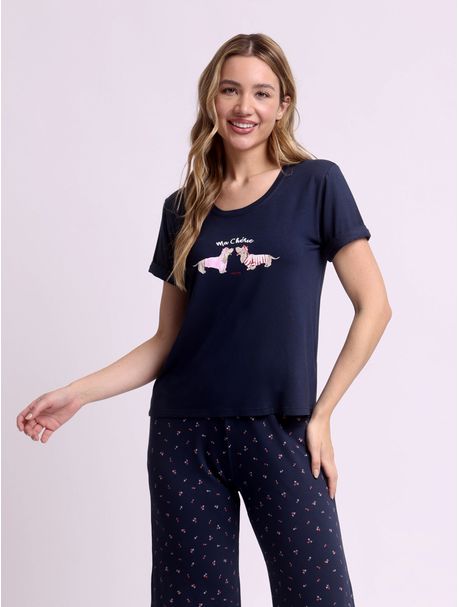Pijama Feminino Capri Manga Curta Chérie
