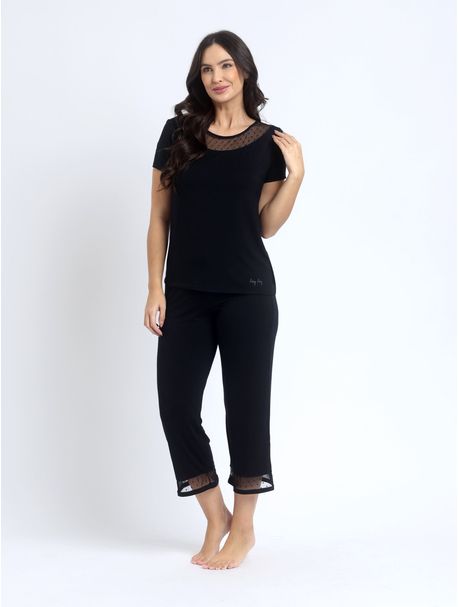 Pijama Feminino Capri Manga Curta Black Tie
