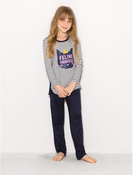 Pijama Infantil Feminino Manga Longa Feline Stripe