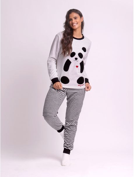 Pijama Soft Feminino Manga Longa Panda Stripes