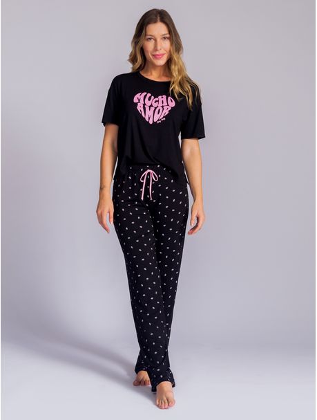 Pijama Feminino Longo Manga Curta Mucho Amor
