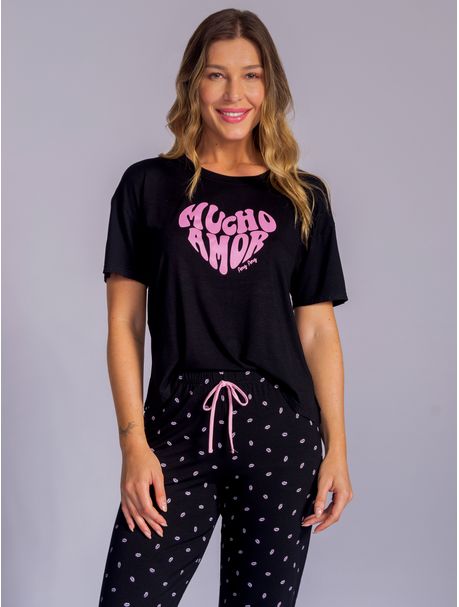 Pijama Feminino Longo Manga Curta Mucho Amor