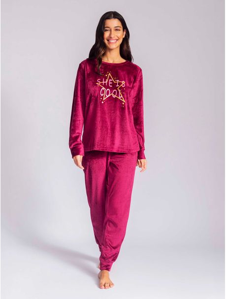 Pijama Plush Feminino Manga Longa Estrela