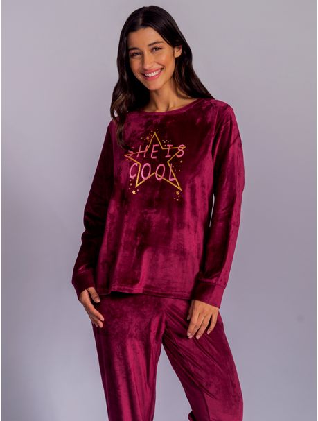 Pijama Plush Feminino Manga Longa Estrela