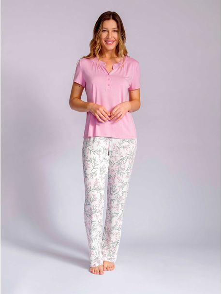 Pijama Feminino Longo Manga Curta Paula