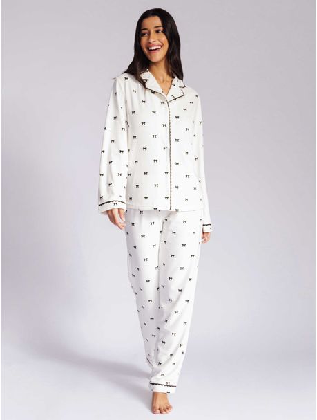 Pijama Plush Feminino Manga Longa Laços