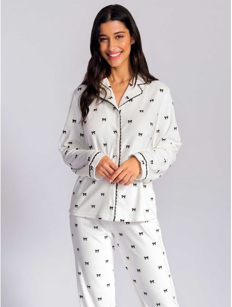 Pijama Plush Feminino Manga Longa Laços