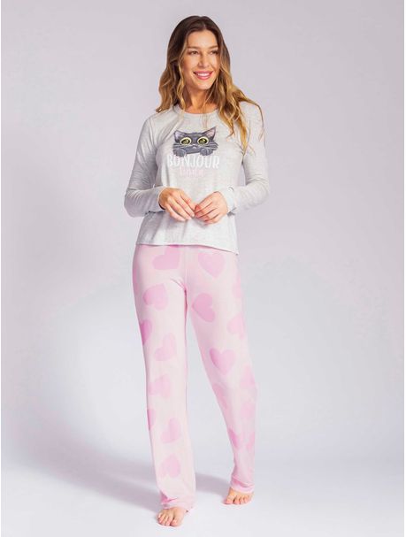 Pijama Feminino Manga Longa Gato Kobe