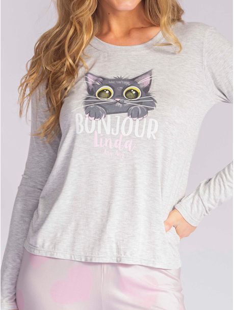Pijama Feminino Manga Longa Gato Kobe