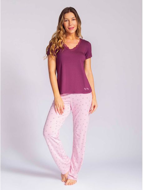 Pijama Feminino Longo Manga Curta Vivian