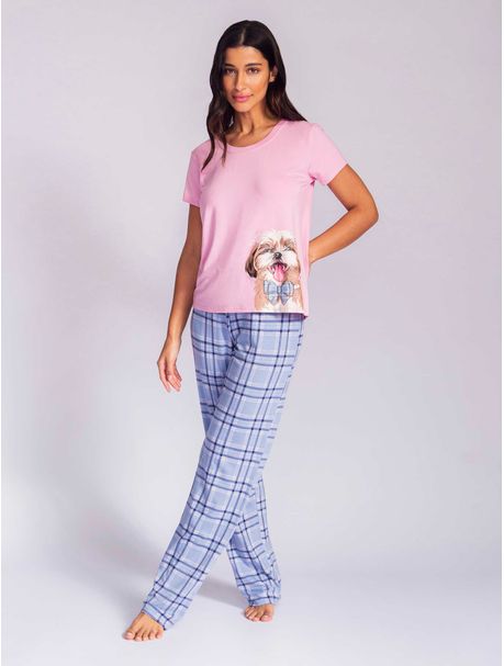 Pijama Feminino Longo Manga Curta Dog Laços