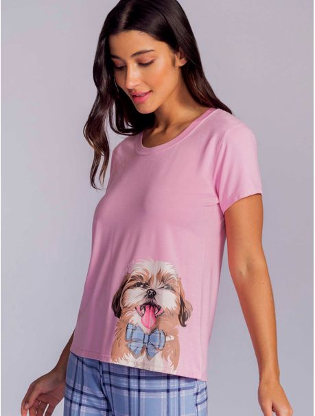 Pijama Feminino Longo Manga Curta Dog Laços