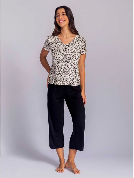 Pijama Feminino Capri Manga Curta Animal Flower