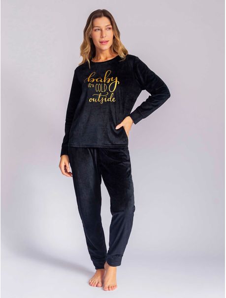Pijama Plush Feminino Manga Longa Cold