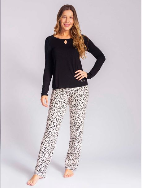 Pijama Feminino Manga Longa Animal Flower