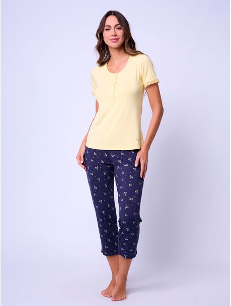 Pijama Feminino Capri Manga Curta Jaune