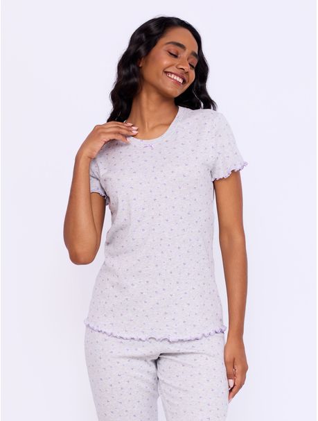 Pijama Feminino Longo Manga Curta Amor Lilás