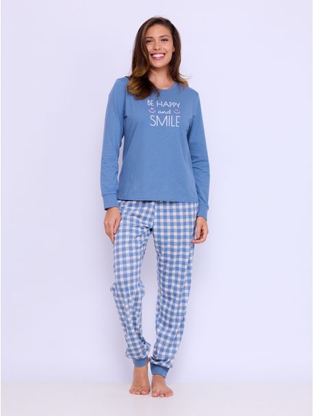 Pijama Feminino Manga Longa Happy Blue