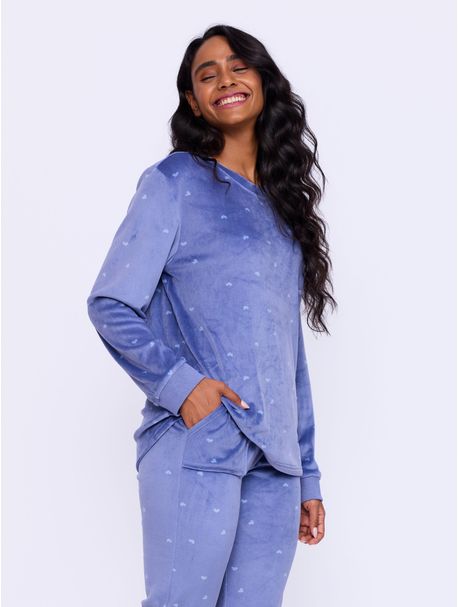 Pijama Plush Feminino Manga Longa Love Blue