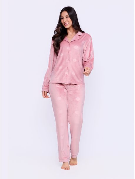 Pijama Plush Feminino Manga Longa Rose Dots