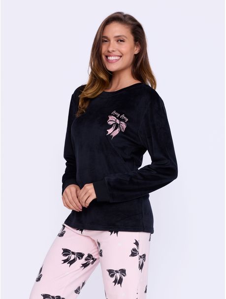 Pijama Plush Feminino Manga Longa Lacinho