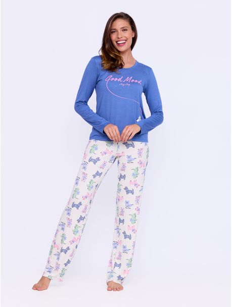 Pijama Feminino Longo Manga Longa Dog Branco