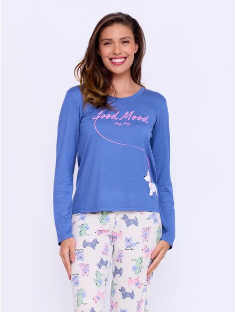 Pijama Feminino Longo Manga Longa Dog Branco