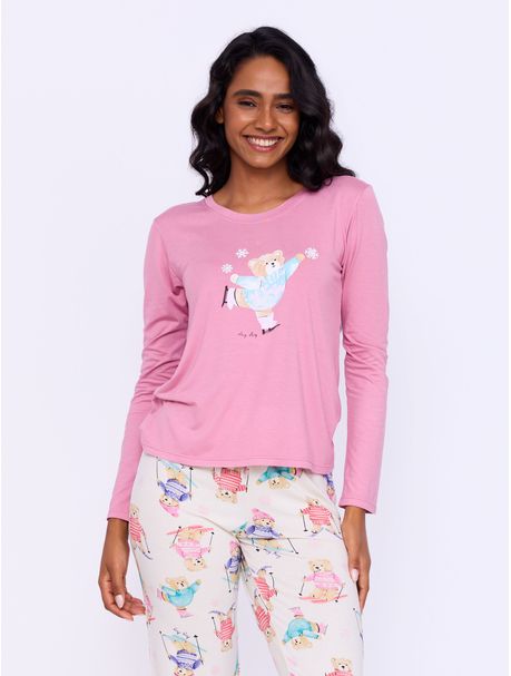 Pijama Feminino Longo Manga Longa Urso Neve