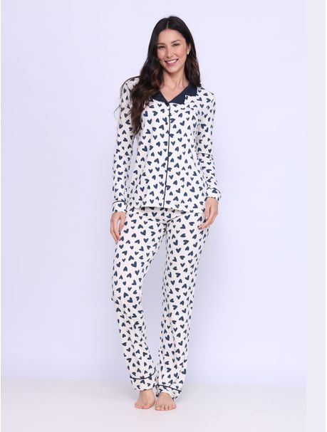 Pijama Feminino Manga Longa Aberto Safira