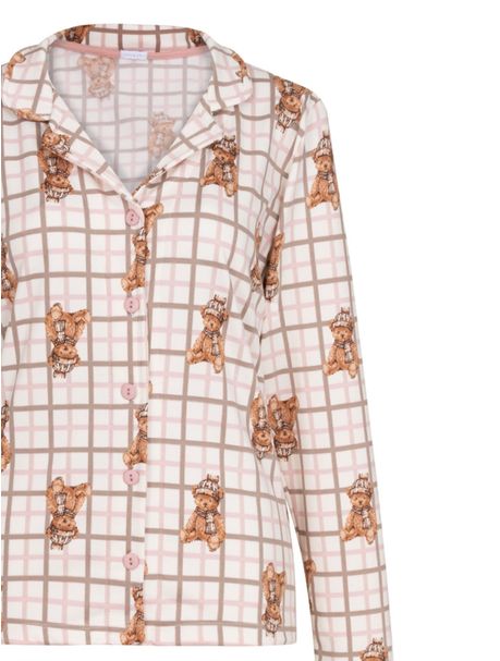 Pijama Feminino Manga Longa Aberto Urso Xadrez